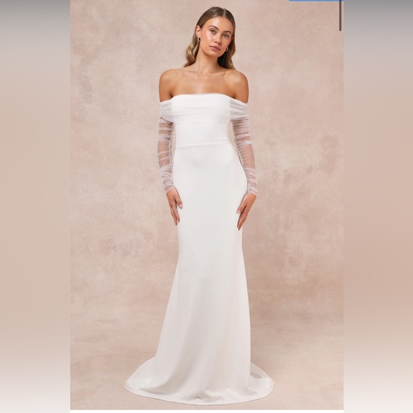 Lulus Dresses & Skirts - NWT Lulus Beautifully Beloved White Mesh Off-the-Shoulder Maxi Dress